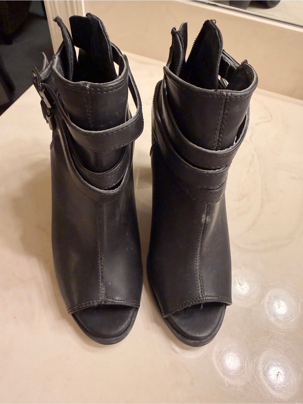 DKNYC Black Open-Toe Heeled Ankle Boots with Wrapped Strap